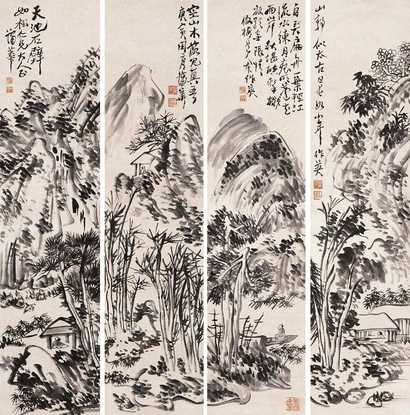 蒲华 山水 四屏